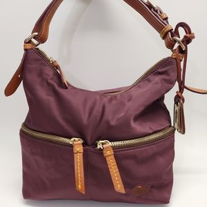 Dooney & Bourke Burgundy Nylon Double Pocket Shoulder Bag Leather Strap Purse